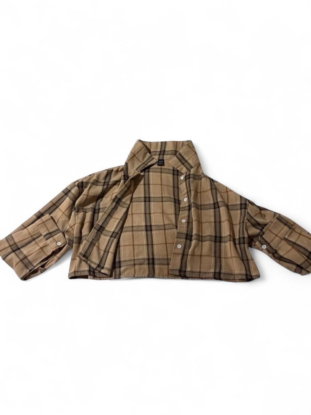 Cropped Brown Plaid Button-Up Shirt Jacket
